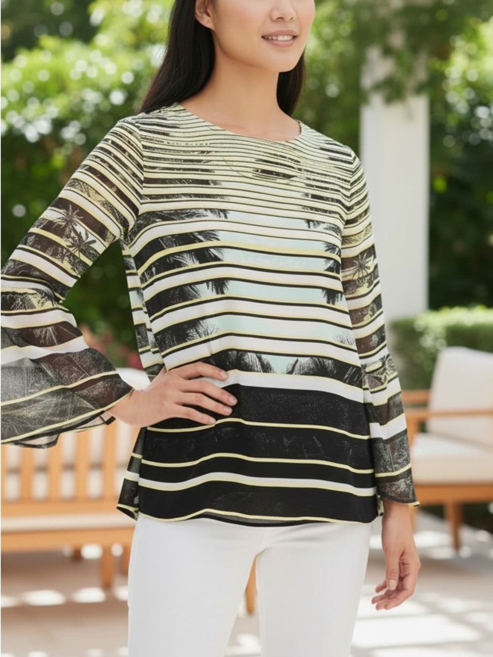 Alfani Black, White & Yellow Striped Sheer Long-Sleeves Blouse